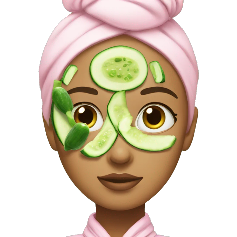 Girl with a bun and a pink robe with a green skincare mask on and cucumbers on her eyes emoji