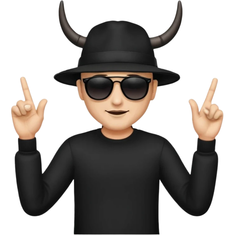 man dressed in black with dark glasses black Lens and a black hat making the horns gesture with both fingers hands emoji
