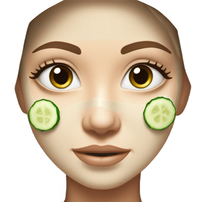 White girl with Brown hair and blue eyes wears a Green colored skincare clay textured mask and puts on cucumbers around her eyes while She relaxes in her white Robe emoji