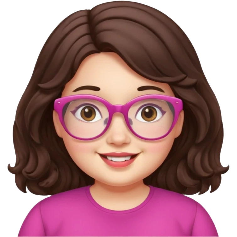 chubby English teacher cute girl face smiling wavy long dark brown hair pink glasses classroom background for online teaching emoji
