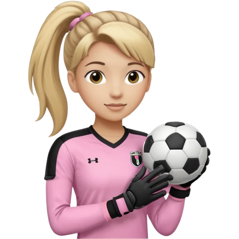 Make a dirty blonde football goalkeeper with goalkeeper gloves on holding a regular  The girl is light skinned and wearing a light pink football. Wearing a ponytail with the dirty blonde. Make it without the whole body. With full sleeves. WITHOUT A RUGBY BALL JUST REGULAR BLACK AND WHITE BALL emoji