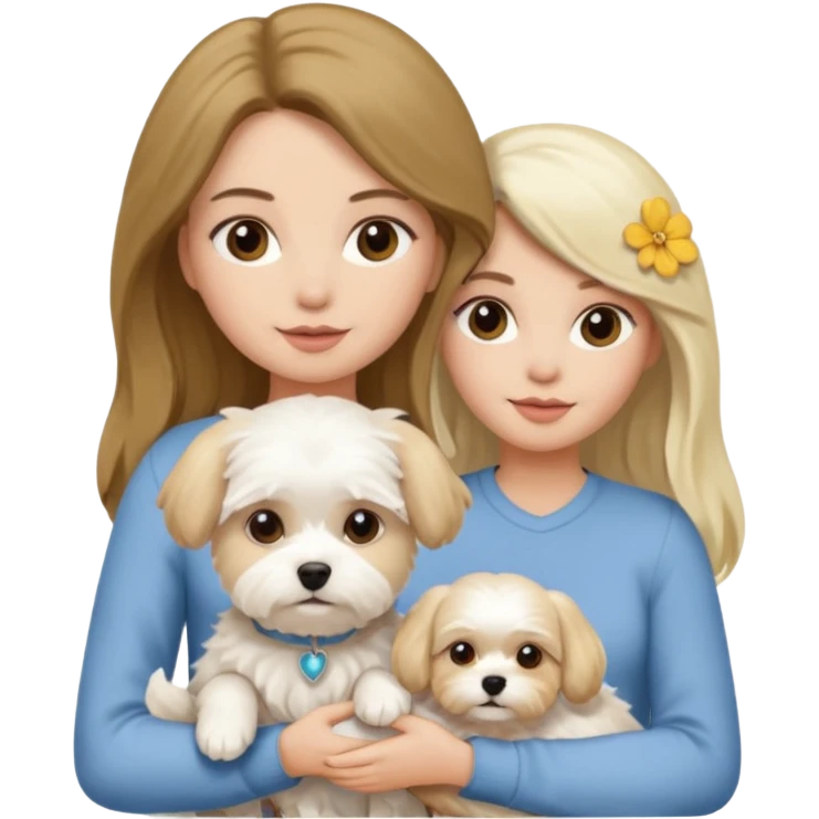 two women holding Maltese dog one is brunette the other is blonde long haired  emoji
