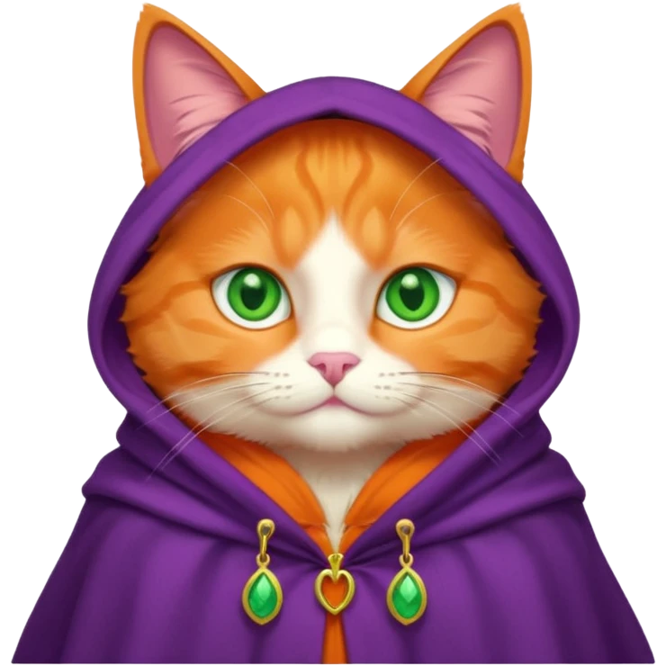 pussy orange cat green eyes, in purple cloak emoji