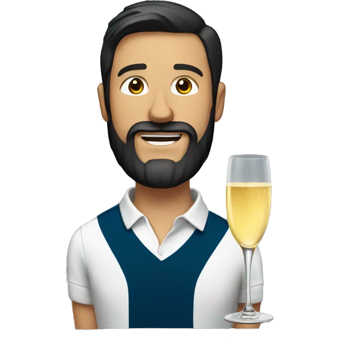A man in a polo with a glass of champagne. Dark hair and beard   emoji