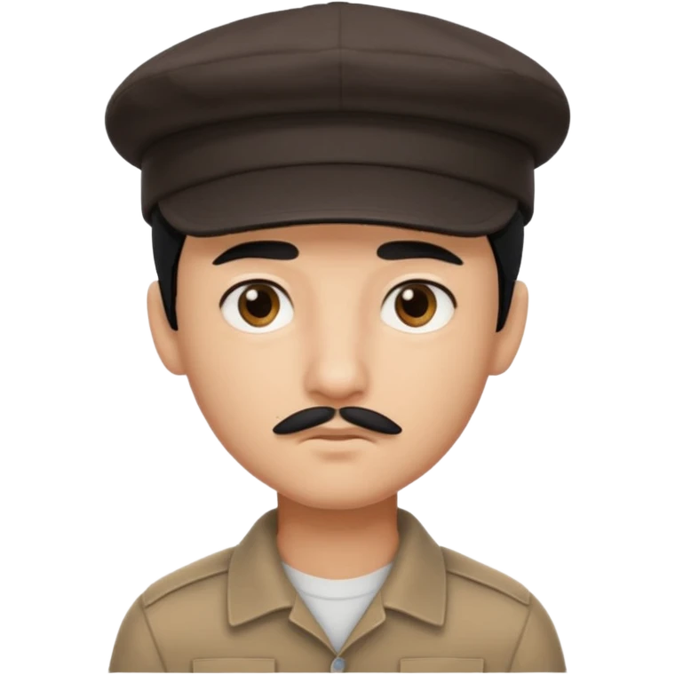 Gere um menino de cabelos preto e boné pro lado com feição séria e bigode fino emoji