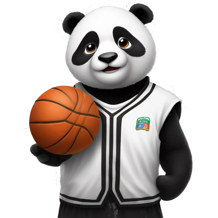 panda in black and white basketball uniform and with basketball ball in his hands  emoji