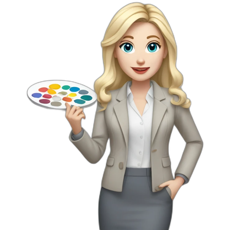 pale skin woman interior designer with cold blonde middle length hair, blue eyes, White blouse, Gray oversize jacket, Gray skirt holding a color palette in the hands emoji