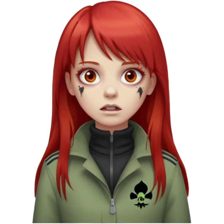 Crie um emoji de uma menina zumbi  com o cabelo vermelho longo com uma franja reta casaco de gola alta da adidas emoji