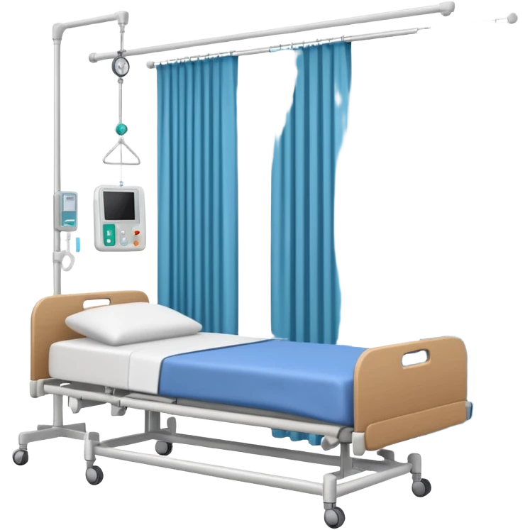 A clean patient room with hospital bed, curtain divider, and IV stand.
 emoji
