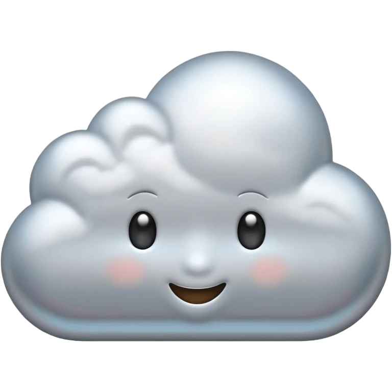 A cute cloud emoji made of silver chrome, smooth rounded shape, glossy metallic surface, soft reflections, minimal and friendly design, iOS emoji style, centered, clean white background, soft lighting emoji