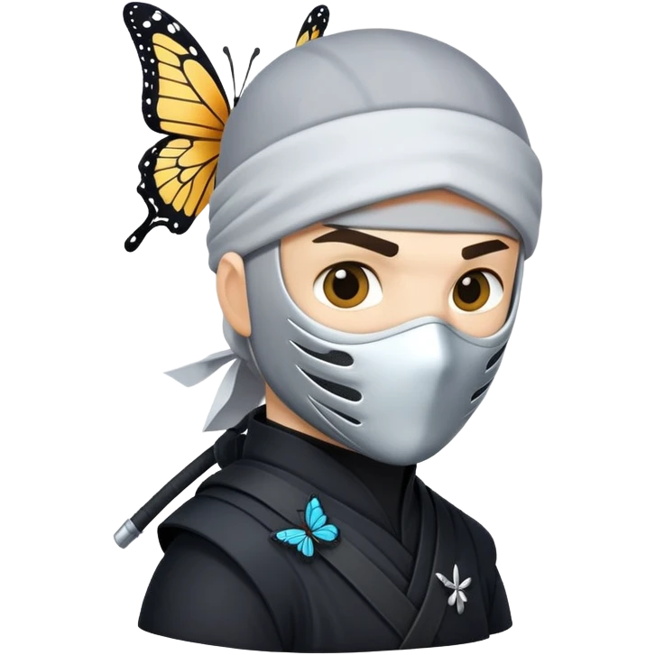Crea una imagen con estos dos emoji 🥷🏻🦋
él ninja de piel blanca con la mariposa posada en el hombro como si estuviera volando. emoji