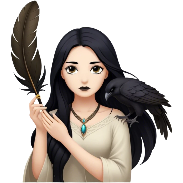 Cinematic Realistic Pocahontas Portrait, depicted with lifelike skin texture, soft natural lighting, and intricately detailed long, flowing raven-black hair that moves gracefully in the wind. Her deep, soulful dark brown eyes exude wisdom and strength, complemented by a serene yet powerful expression. She is shown gently holding a feather in one hand, her other hand resting lightly at her side, embodying the harmonious balance between nature and herself. She is dressed in her classic one-shoulder native American dress, with rich fabric textures and delicate beaded details that catch the light beautifully. The portrait features a soft, sun-kissed glow with a natural, radiant finish, capturing the essence of untamed beauty and deep connection to nature in a realistic and painterly style, evoking a sense of depth and authenticity. emoji