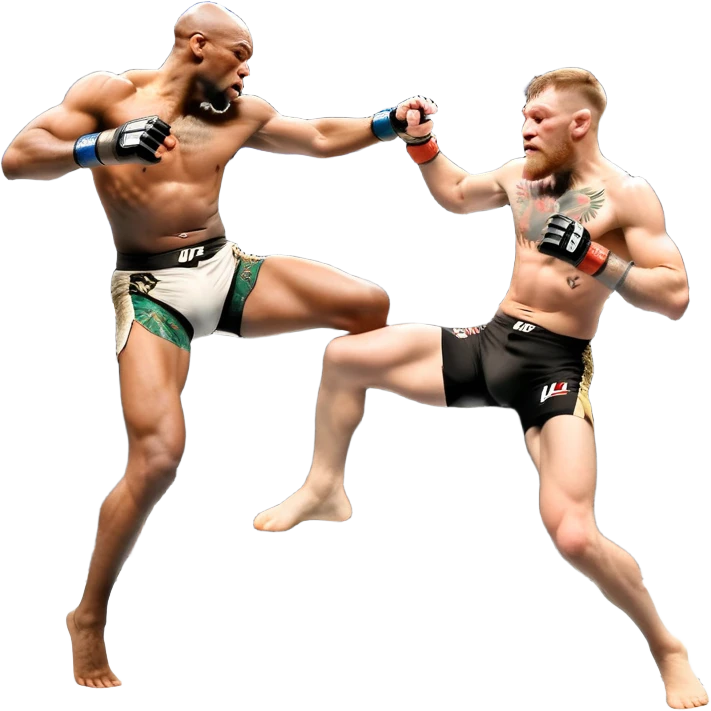 An MMA showdown between Conor McGregor and Anderson Silva in the octagon. McGregor is executing a jumping strike, while Silva skillfully deflects the attack. The background shows the UFC octagon with roaring fans and vibrant energy. Transparent background. emoji