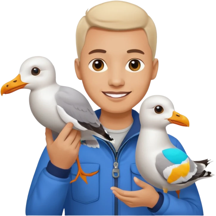 Minimalist emoji-style illustration of a smiling photographer holding a seagull in their hands. Simplified, clean lines, vibrant colors, small size, white background emoji