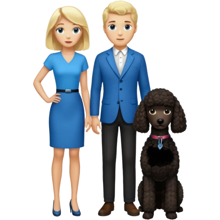 Create an emoticon depicting two people. One person is a tall man with blonde hair and blue eyes. The other is a shorter woman with dark brown hair, brown eyes, and brown skin. Between them, there is a large black poodle standing. emoji