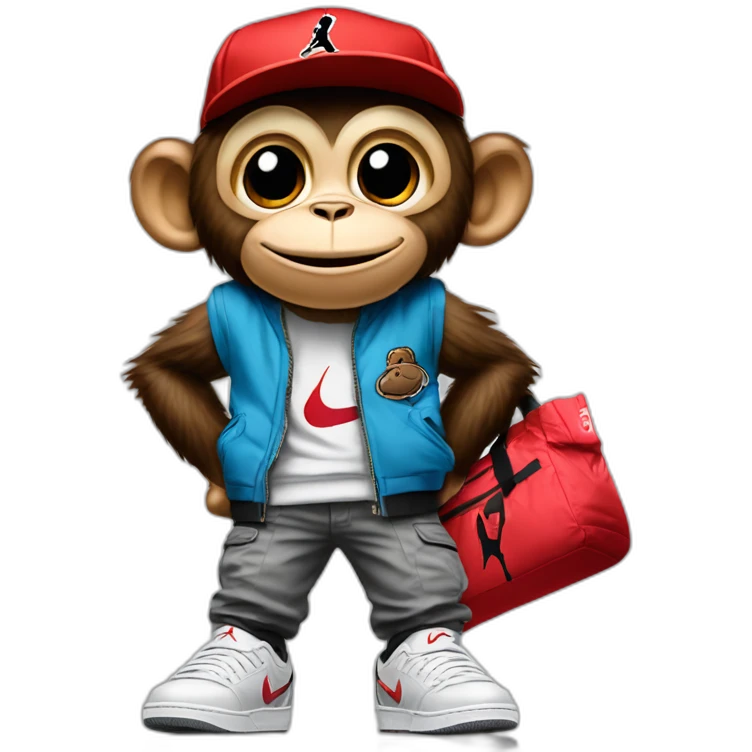 Monkey wearing Jordan 4 on its  feet  with a bunch of Nike clothes  with a Nike hat emoji