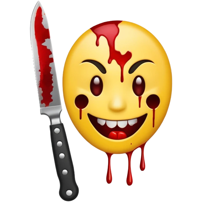 cartoon style yellow emoji with a knife, psychopathic smile, blood splatter emoji