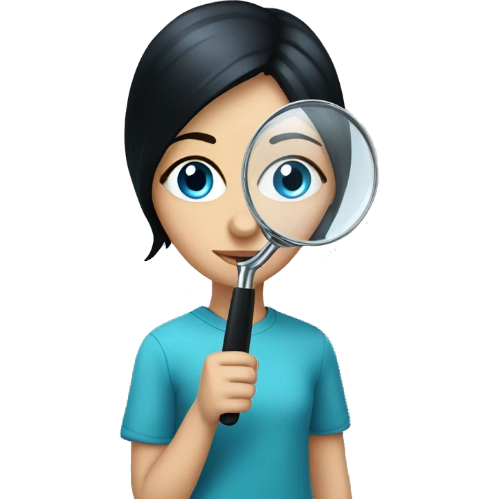 white girl with black hair and blue eyes playing with magnifying glass emoji
