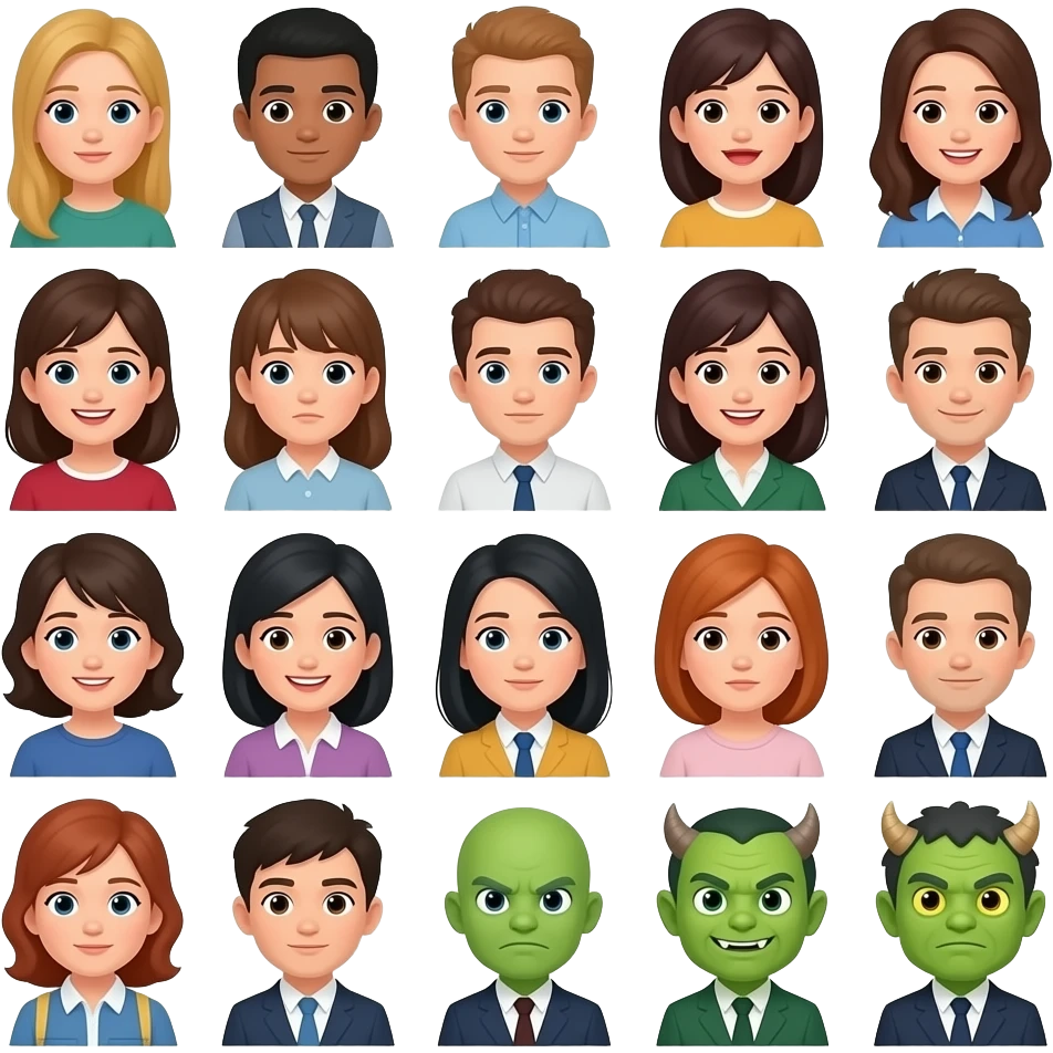 Monster family like big mouth different looks realistic not  all smiling different emotion a school picture 20 people including 10 humewn and 10 montstere same sizes emoji