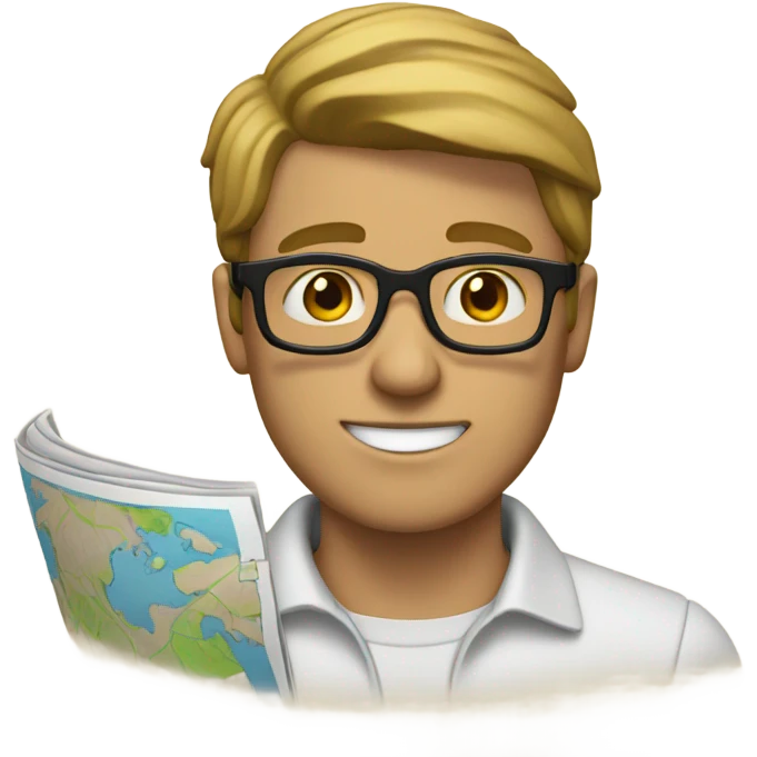 Guy with glasses and dark blonde hair holding a map plan  emoji