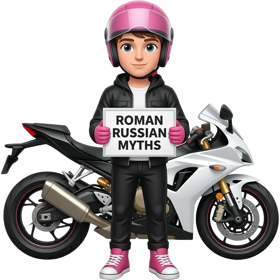 a young man with black jacket and pants wearing pink sneaker and pink gloves, he also wears a pink helmet with an  unvisible vision, he stands in front of a motorcycle which is black in the back and white on the front and is holding a ROMAN RUSSIAN MYTHS sign emoji