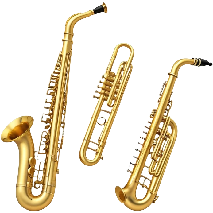 Create a professional, harmonious emoji collage symbolizing wind instruments. The design should include a trumpet, saxophone, trombone, flute, and French horn, all arranged in a balanced and visually pleasing way. The trumpet should have a shiny brass finish with a gleaming bell, the saxophone should have smooth curves and a golden body. The trombone should feature a prominent tuning slide and large bell, while the flute should be sleek and silver with visible keys. The French horn should have a coiled design and wide bell. The instruments should be in metallic gold, silver, and brass tones, with subtle reflections to convey a professional and polished appearance. Add soft musical notes or soundwaves to surround the instruments, creating a sense of movement and sound. The background should be transparent, ensuring all instruments are the focus and the composition remains harmonious and balanced. emoji