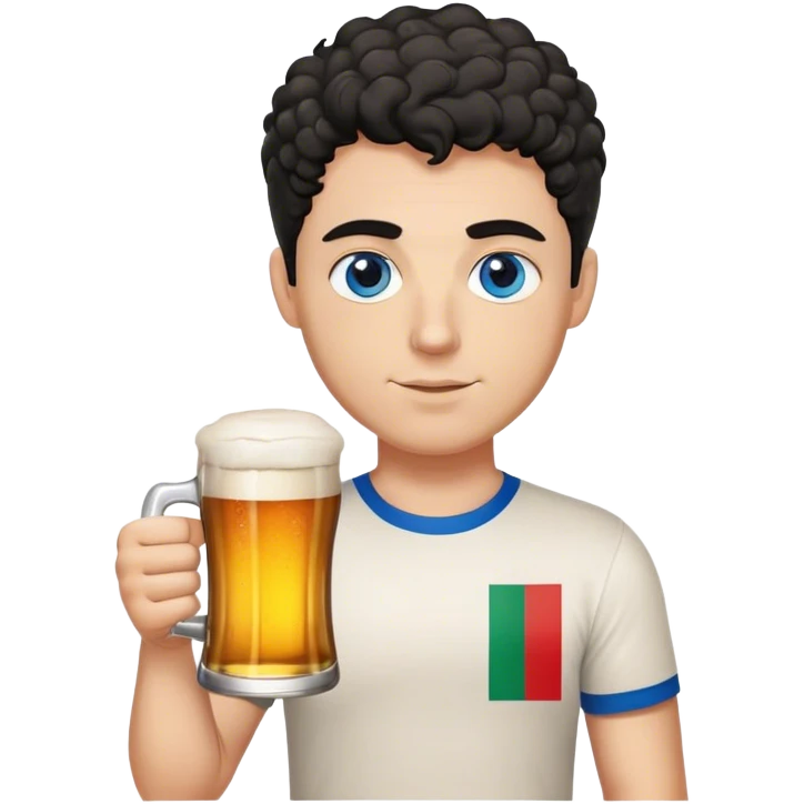 white guy thick eyebrows blue eyes with short curly black hair holding beer wearing a shirt with the italian flag emoji