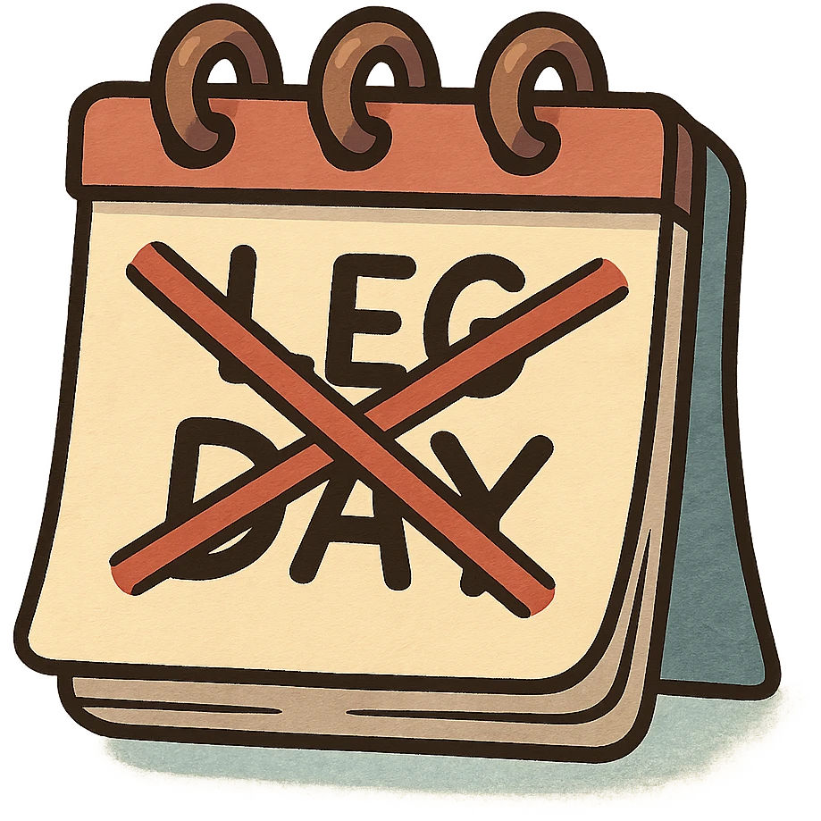 playful cartoon icon of a calendar with 'leg day' crossed out emoji