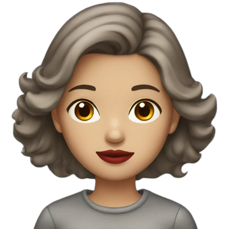 A girl with brown hair, brown eyes, and gray clothes And red lips emoji