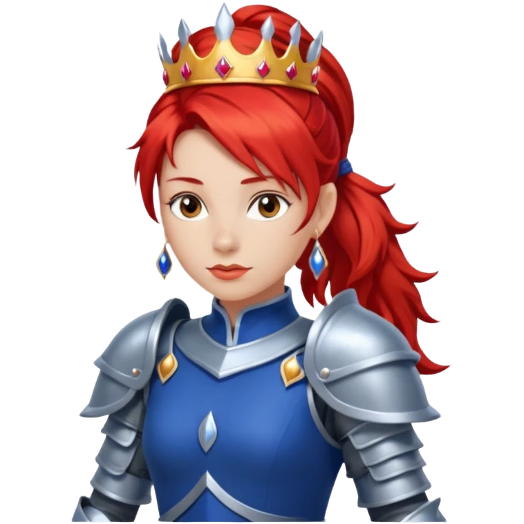 Red Haired Princess, Warrior Princess – fiery red ponytail, silver armor over royal dress, confident stance, silver crown emoji