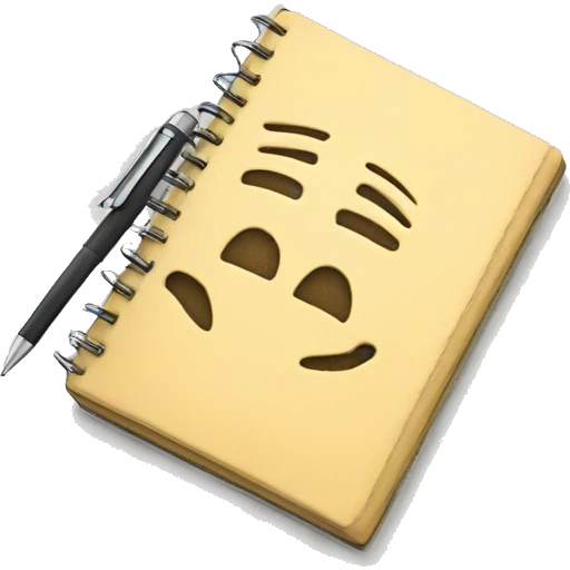 a notebook in which there is some text, a pen next to it emoji