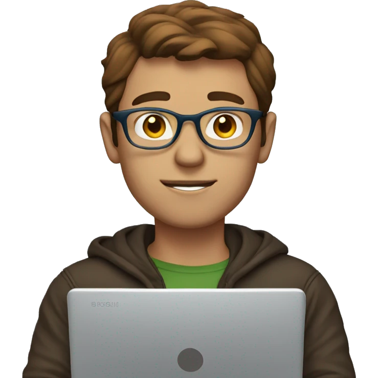 man blue eyes and short brown hair with clear glasses at his laptop emoji
