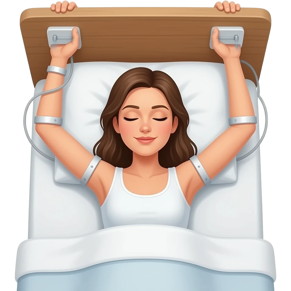 Femme allongée sur le dos dans un grand lit avec les bras  attaché à la tête de lit emoji