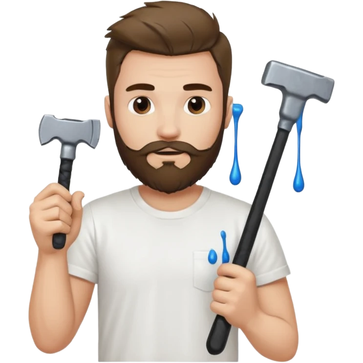  guy who looks very handsome, he has a beard, wears a white tee shirt with drops of paint on it and holds a black screwdriver in one hand and a black hammer in the other  emoji