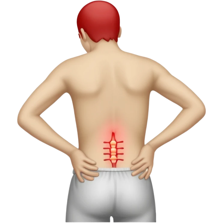 A person standing and holding their lower back in pain, with a red highlight showing the sore area. The person’s face expresses discomfort, and the background is plain white. Realistic lighting, medical concept illustration showing lower back soreness or muscle strain. emoji