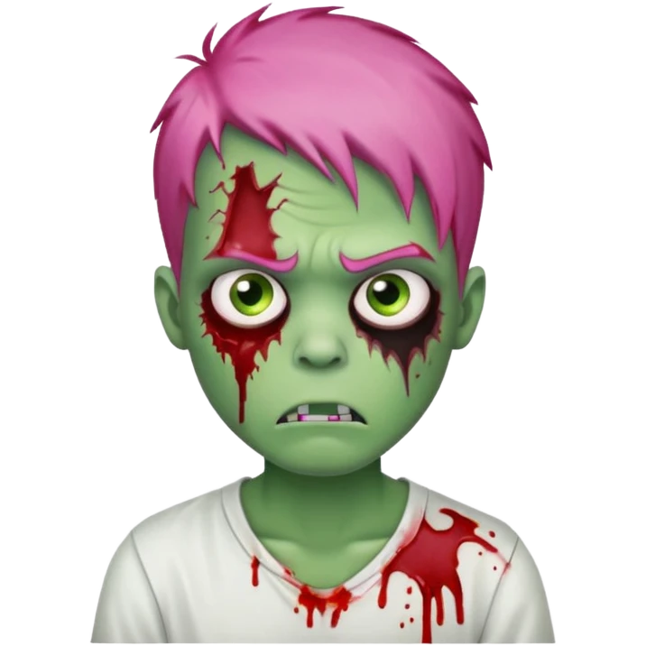 green zombie boy with blood with scratchesi, pink hair and eyebrows, and a white shirt and make him mad emoji