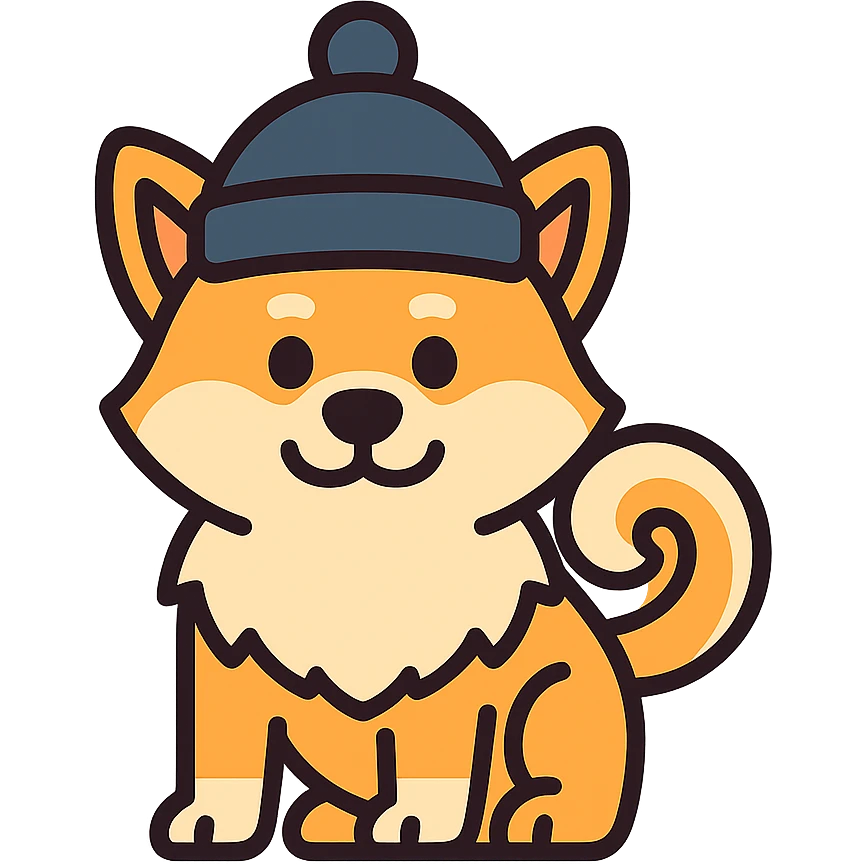 Akita Inu with a curled tail and a hat on its head, keep the current style, transparent background. emoji
