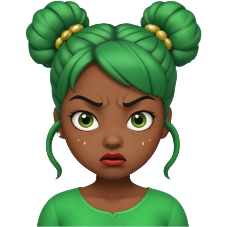 Create a 3D cartoon-style girl character with dark skin, round face, angry expression, big wide eyes, and tightly styled double buns made of green beaded hair. The girl should look irritated, eyebrows sharply angled, and lips pressed in a frown. emoji