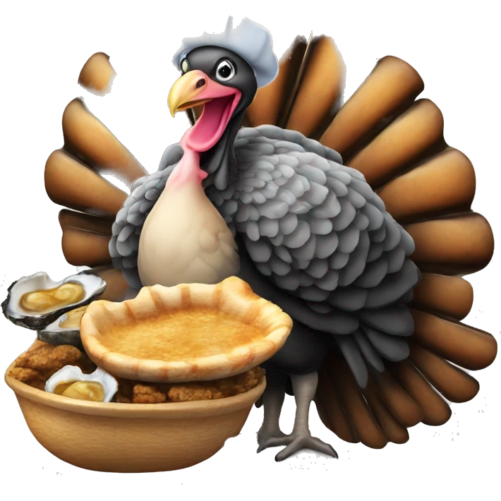 Turkey holding slice of black toasted bread with pan of oysters, fire emoji