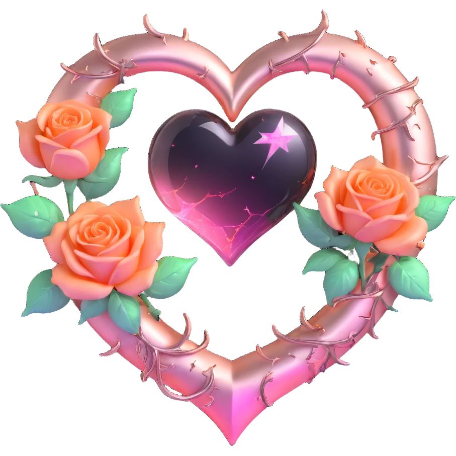 gothic heart made of rose gold glass, silver crescent moon, glowing blush pink roses, holographic stardust, neon orange lightning, wet and cracked glass emoji