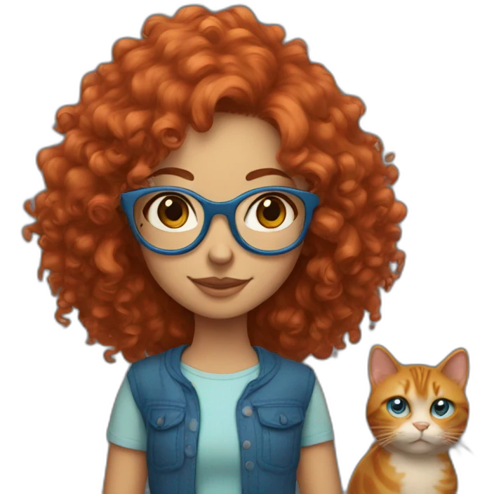a girl with curly red hair and blue glasses with a cat in her arms emoji