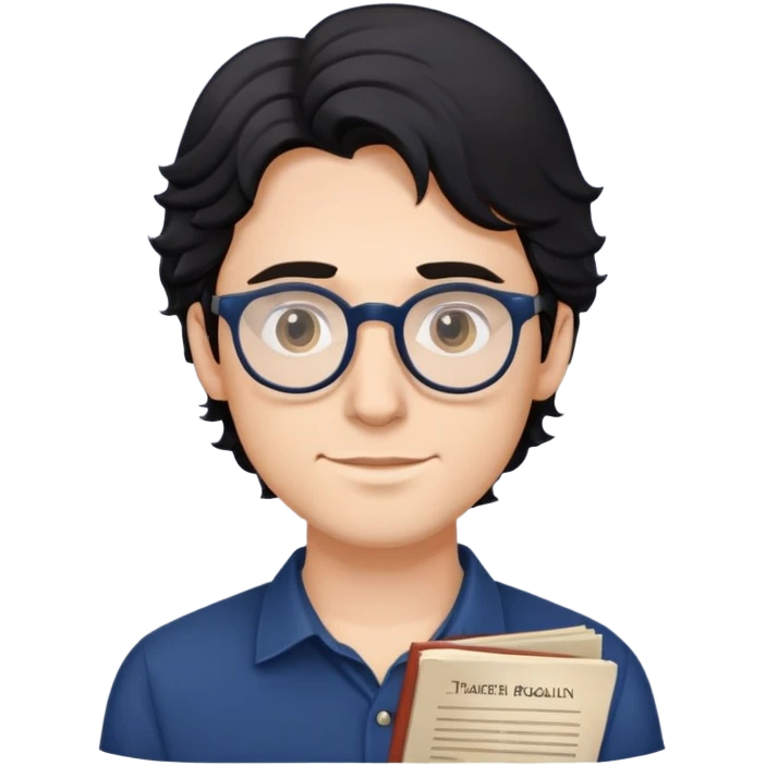 Young caucasian man with slightly longer wavy black hair, round glasses, dark blue shirt, holding a theater program emoji