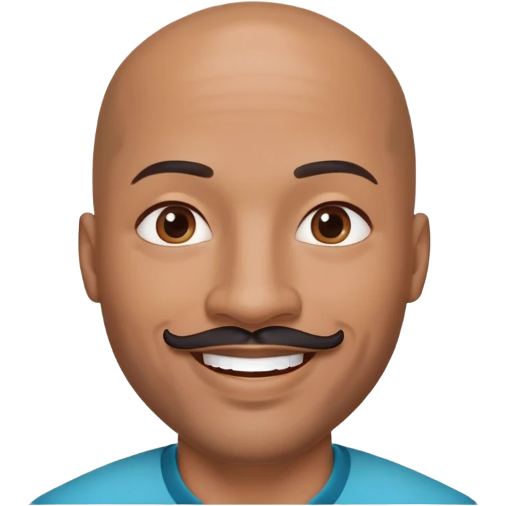 Oxumarê as a very happy smiling 37-year-old bald Black man with smooth oval head, indigenous facial features, mustache with goatee (no hair on sides of face), contour from chin to lips, and a beauty mark on left side below lip, Memoji style emoji