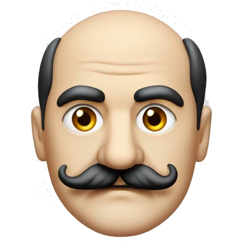 Hercule Poirot. Tête ronde. moustache peignée. Crâne chauve. Yeux marrons. emoji