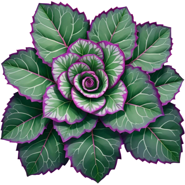 Top-down view of Begonia Rex plant showing spiral leaf patterns from above, dark green leaves with purple edges and white spots emoji
