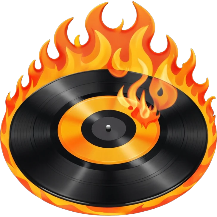 a black vinyl record on fire with a white center sticker emoji