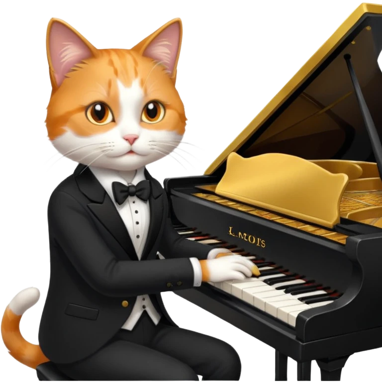 calico cat play gold piano, wear black suit, portrait emoji