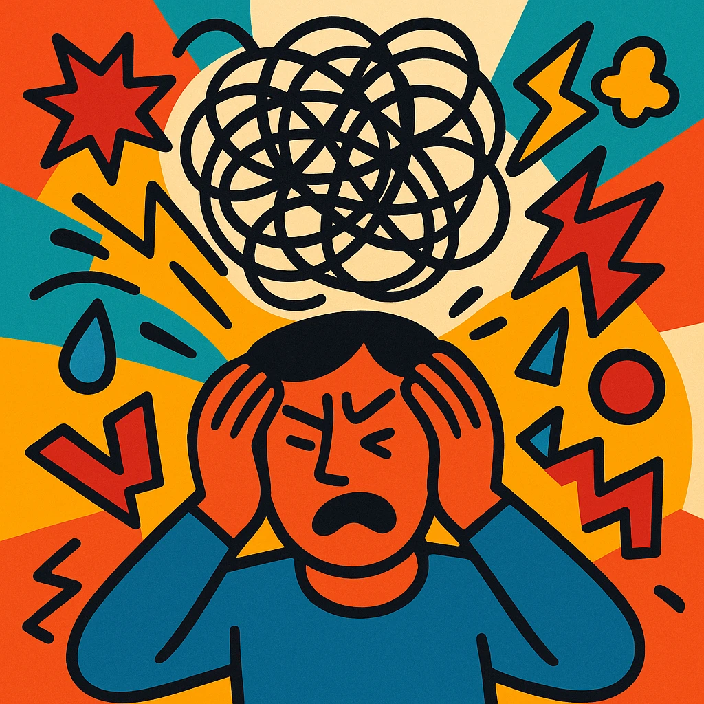 abstract visual of stress with tangled lines and chaotic shapes in vibrant toon style emoji