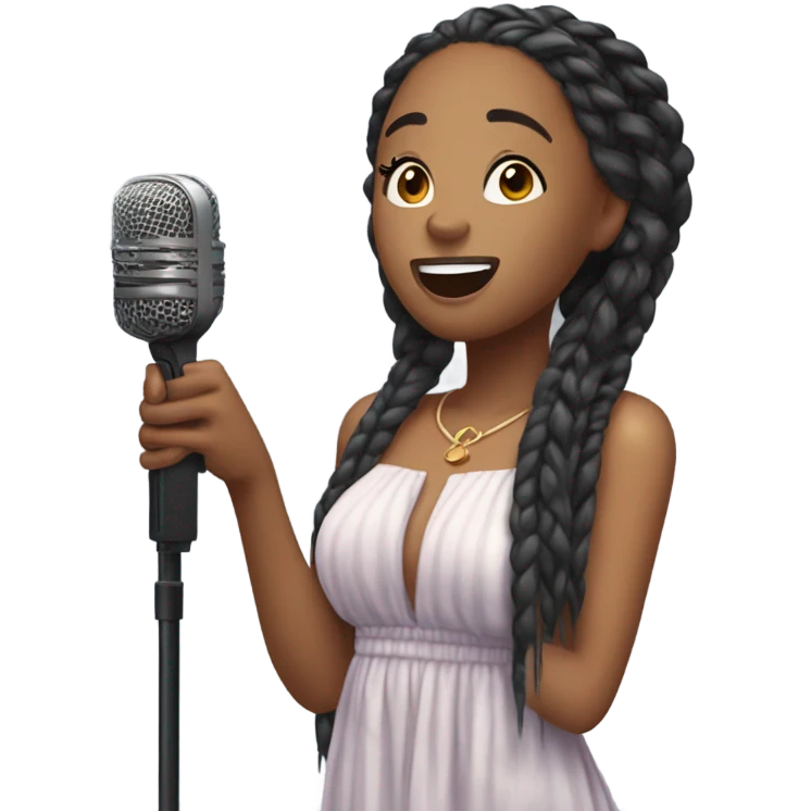 attractive young black woman with her eyes closed with long box braids, flowy dress singing with a mic emoji