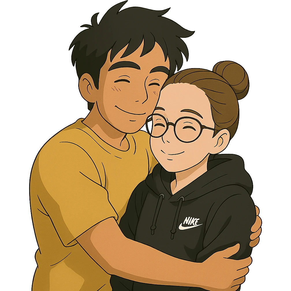 ghibli style hispanic man with black hair hugging a light-skinned woman in a black Nike hoodie, woman has one bun in the back and thin black glasses emoji